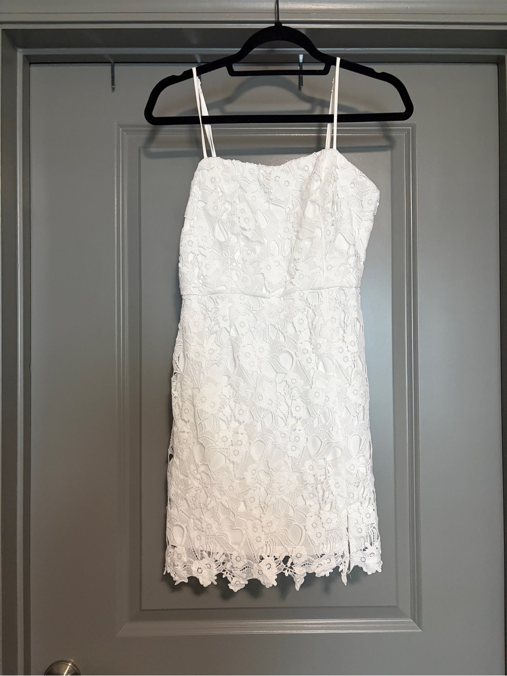 Francesca’s White Lace Spaghetti-Strap Mini Dress